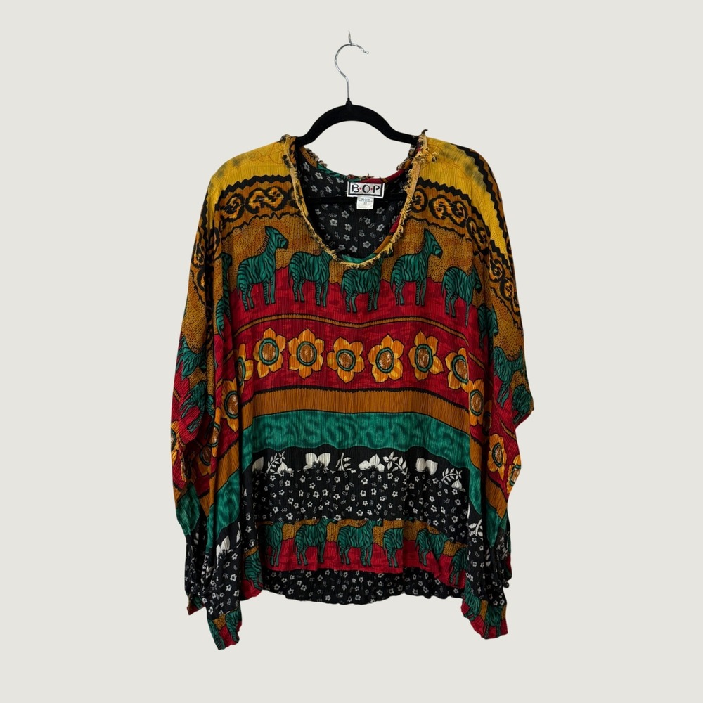 BOP Zebra Floral Print Rayon Top Multicolor 3X Boho Eclectic Artsy Fall Layering